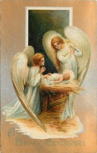 Religious Christmas Postcard S-8, Angels Attend Baby Jesus in Creche, BB London