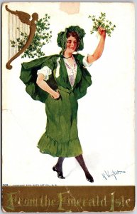 From The Emerald Isle Woman In Green Attire Signed Artist R Veentliet Postcard