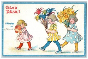 Easter Postcard Children With Egg And Flowers Sweden c1910's Posted Antique
