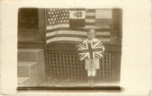 RPPC Postcard Boy Holds A British Union Jack in Front of American & Italy Flag