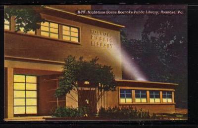 Virginia postcard Public Library night-time Roanoke