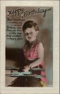 Little Boy w/ Toy Airplane - Birthday - Tinted Real Photo Postcard