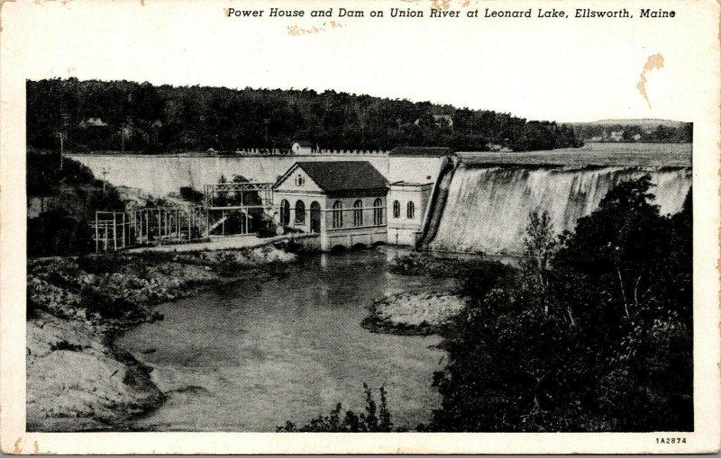 Vtg 1930s Power House & Dam Union River Leonard Lake Ellsworth Maine ME Postcard