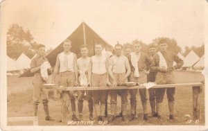 Camp Douglas Wisconsin Soldiers Washing Up Real Photo Vintage Postcard AA41444