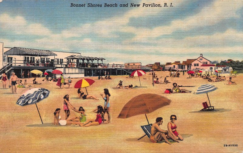 Bonnet Shores Beach and New Pavilion, Rhode Island, Early Linen Postcard, Unused