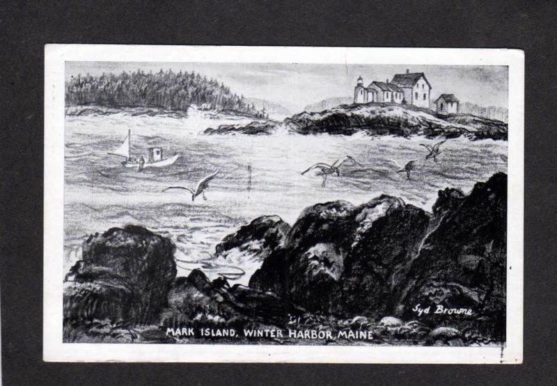 ME Winter Harbor Light House Lighthouse Mark Island Maine Artist Signed Postcard