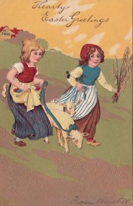 Postcard Easter Greetings Children Walking Lambs on Blue Ribbons