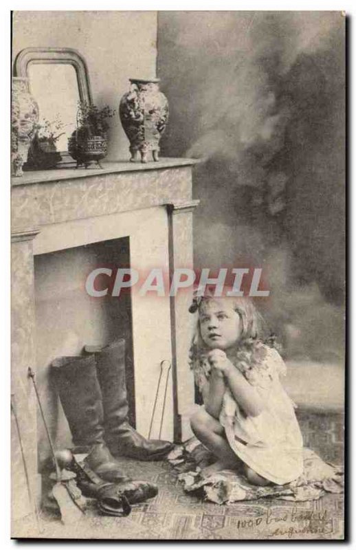 Old Postcard Fantasy Wishes Christmas (girl child boots fireplace)