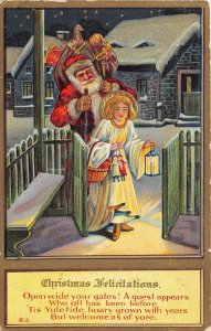 CHRISTMAS HOLIDAY SANTA CLAUS ANGEL & TOYS EMBOSSED POSTCARD (c. 1910)