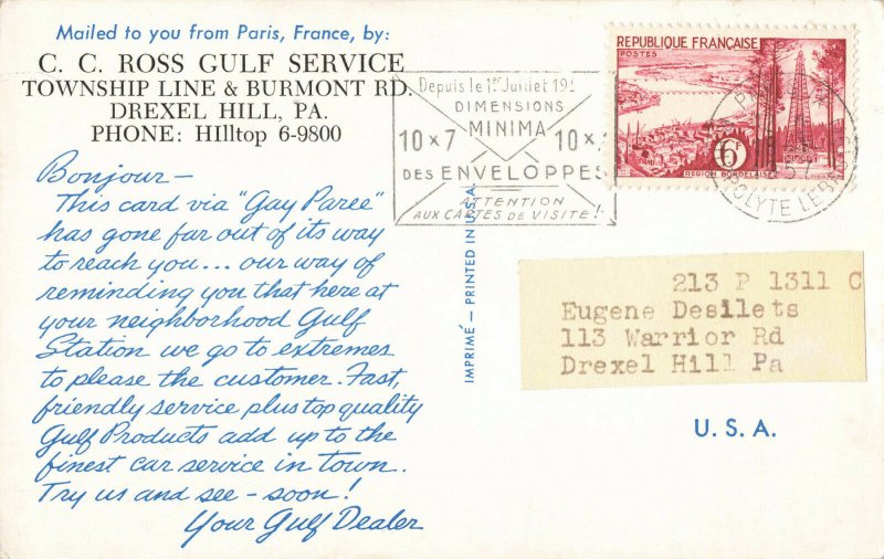 Postcard Direct Marketing Card From CC Ross Gulf Service PA Posted from France