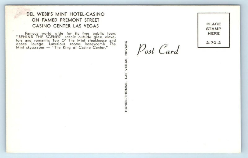 LAS VEGAS, NV Nevada  Del Webb's MINT HOTEL & CASINO Interiors c1960s Postcard