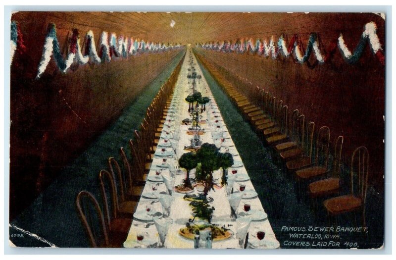 1911 Famous Sewer Banquet Covers Laid Interior Restaurant Waterloo Iowa Postcard