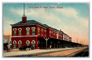 Vintage 1912 Postcard Antique Cars Parked Santa Fe Train Depot Topeka Kansas