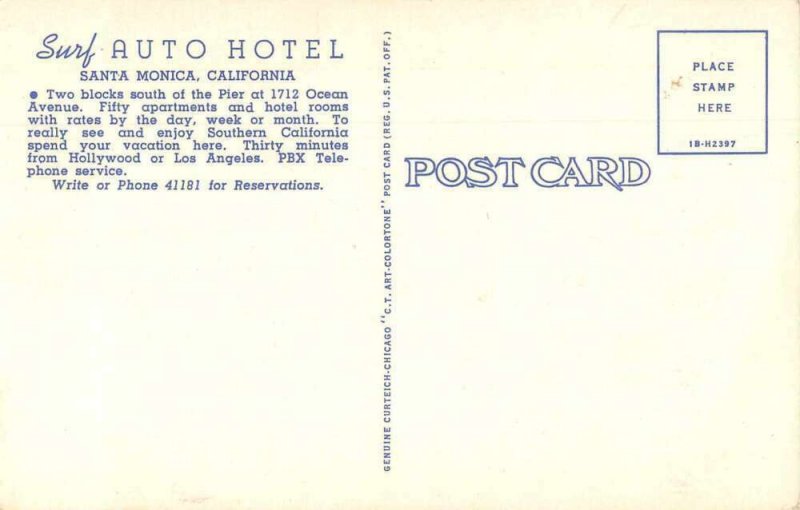 Santa Monica California Surf Auto Hotel Vintage Postcard AA11179