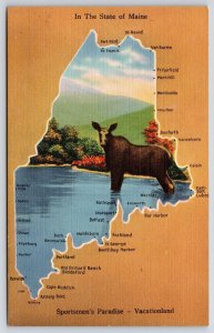 The Map Of State Of Maine Sportsmen's Paradise Vacationland Postcard