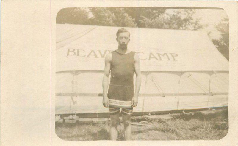 Beaver Camp C-1910 Young Man Swimsuit Tent outdoor Life RPPC real photo 6328