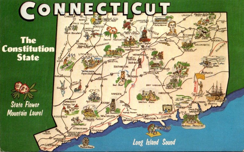 Connecticut Map Of The Constitution Stae With State Flower