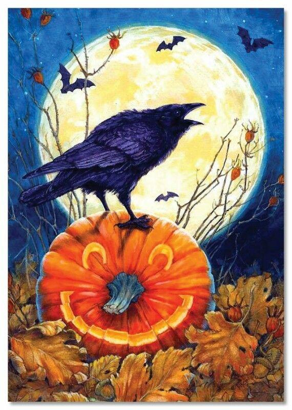 Raven and bats in Halloween Pumpkin Moon Forest fearful New Russian Postcard