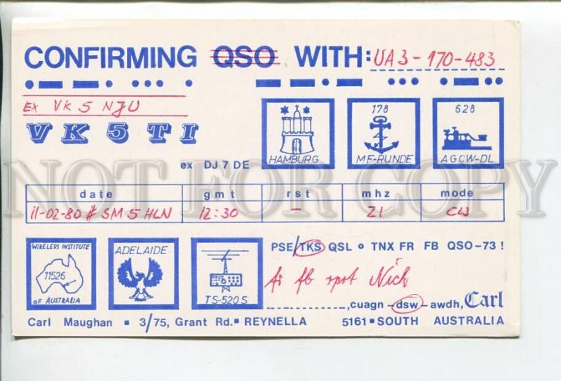 462891 1980 year Australia radio QSL card