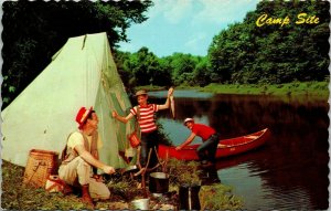 Camp Site Tent Dad Boy River Fish Canada VTG Postcard Scalloped UNP Dexter 
