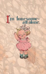 Vintage Postcard 1910's Lonesome All Alone Comic Baby Girl Cute Dress Big Ribbon