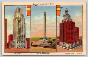 Houston Texas~Gulf Bldg~San Jacinto Memorial~Esperson~Art Deco~Linen Postcard
