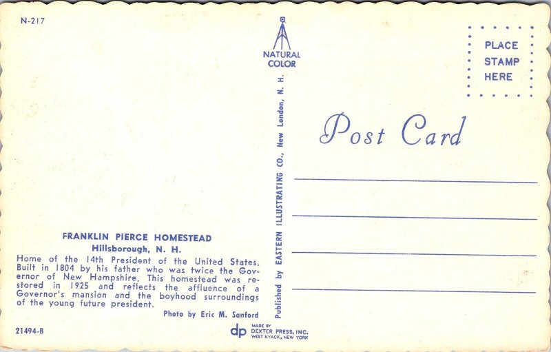 Franklin Pierce Homestead Hillsborough NH New Hampshire Postcard VTG UNP Dexter  