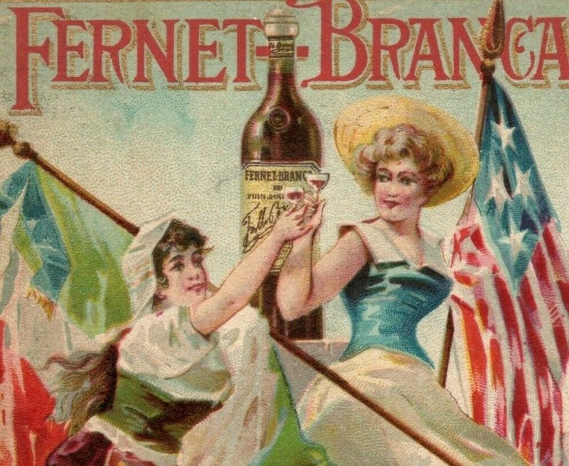 1870s-80s Fernet-Branca Italian Bitters Milan Alcohol Lovely Ladies Flags P219