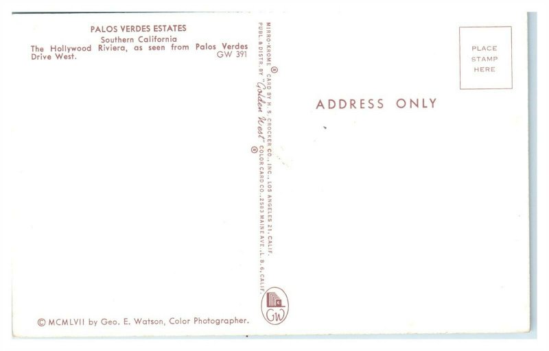 1957 Palos Verdes Estates, CA Postcard *6E(2)7