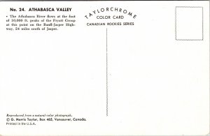 Athabasca River Valley Chrome Postcard Snowy Mountain Tops Forestry Postcard UNP 