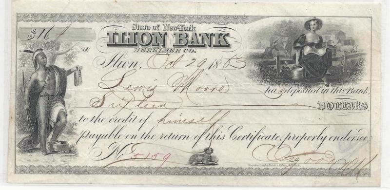 Bank Deposit Receipt Ilion Bank 1863, Ephemera