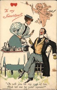 Nister Valentine Woman Pours Tea in Fancy Man's Hat c1910 Vintage Postcard