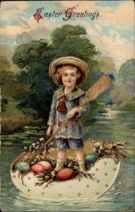 Easter Fantasy Little Victorian Boy in Egg Shell Boat Vintage Postcard