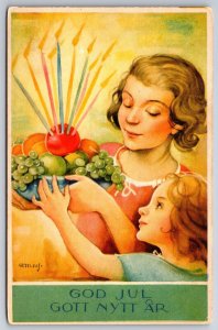 Artist Artelius~Christmas ART DECO~Mother Daughter~Candles in Fruit Bowl~Sweden