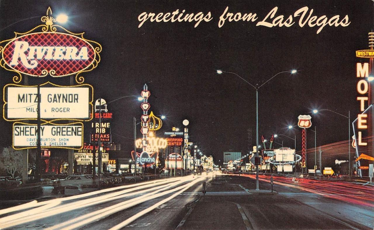 Las Vegas, Nevada Street Scene Night Neon Riviera Hotel Mitzi Gaynor Vintage