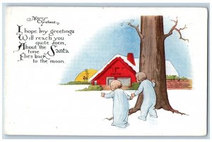 Christmas Postcard Children Waiting Santa Claus Winter Scene c1910's Antique