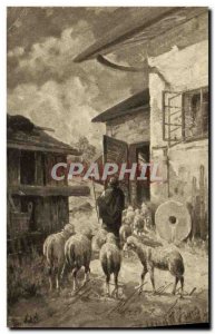 Old Postcard Shepherd and sheep