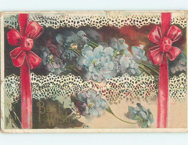 Bent Corner 1910 BEAUTIFUL BLUE FLOWERS & RED RIBBON o8711