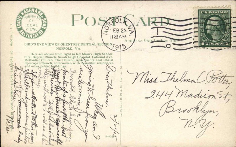 Norfolk Virginia VA Bird's Eye View Ghent Residential c1910 Vintage Postcard 