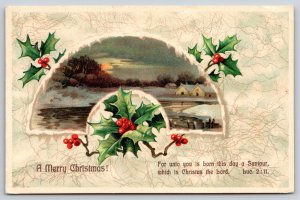 Christmas~Holly Lake In Town Christmas Greeting Luke 2:11~Vintage Postcard