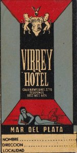 Argentina Mar Del Plata Virrey Hotel Vintage Luggage Label sk3430