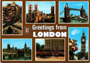 VINTAGE CONTINENTAL SIZE POSTCARD MULTIPLE VIEWS GREETINGS FROM LONDON