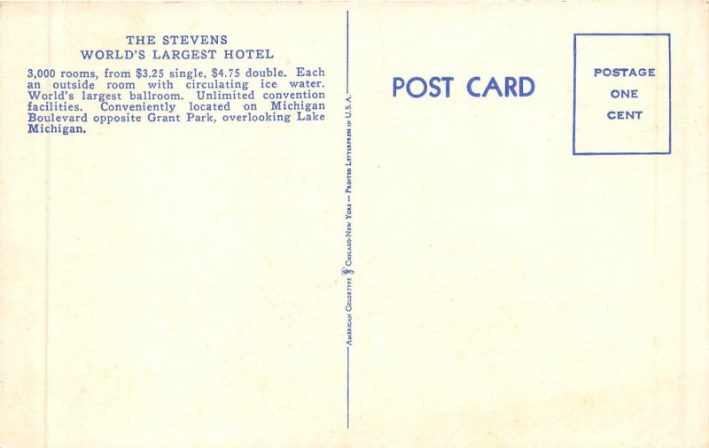 Chicago Illinois 1940s Postcard Stevens Hotel