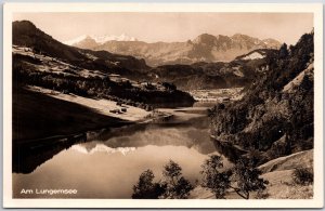 Am Lungernsee Lake in Switzerland Valley Mountain RPPC Real Photo Postcard