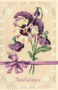 Greeting   BEST WISHES   Purple Violets & Ribbon  1913 Embossed Postcard