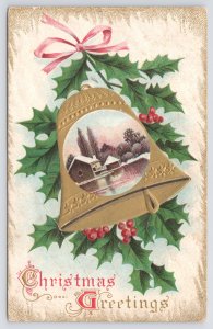 Holiday~Christmas Greetings~Gold Bell w/Country Inset~Holly~Emb~Vintage Postcard