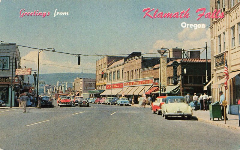 Klamath Falls OR Main Street Store Fronts Old Cars Postcard 