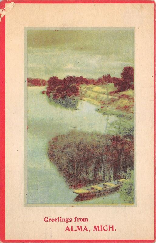 Alma Michigan~Quiet River Scene~Row Boat in Front~Railroad Tracks~1925 Postcard