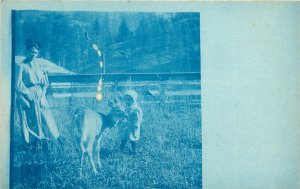Cyanotype RPPC Postcard Mother Little Girl and Deer Fawn