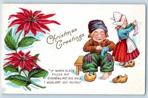 Christmas Postcard Greetings Dutch Kids Hanging Stocking Poinsettia Flowers